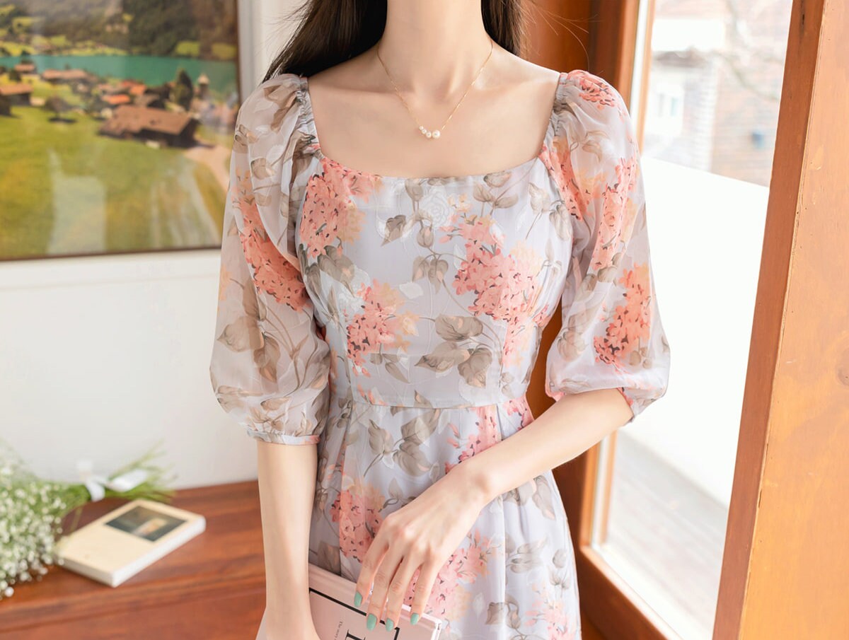 Floral Pattern Spring Summer Square Neck Midi Dress / Korean Style Women Long Dress / Half Sleeve Dress / Feminin Elegant Dress