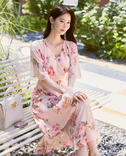 Short Sleeve Chiffon Long Dress / Korean Style Women Dress / V-neck Wing Sleeve Midi Dress / Bridesmaid Dress