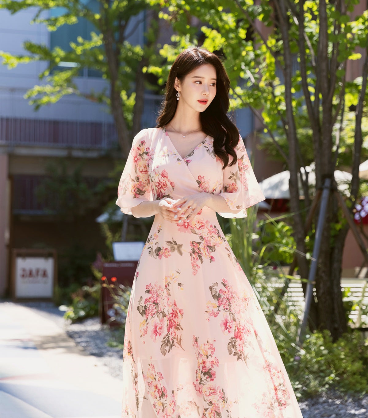 Short Sleeve Chiffon Long Dress / Korean Style Women Dress / V-neck Wing Sleeve Midi Dress / Bridesmaid Dress