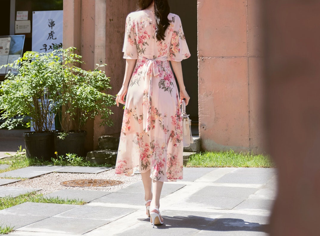 Short Sleeve Chiffon Long Dress / Korean Style Women Dress / V-neck Wing Sleeve Midi Dress / Bridesmaid Dress