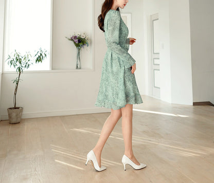 Ruffle Chiffon Long Sleeve Mini Dress / Korean Style Women Dress / V-neck Mini Dress / Bridesmaid Dress