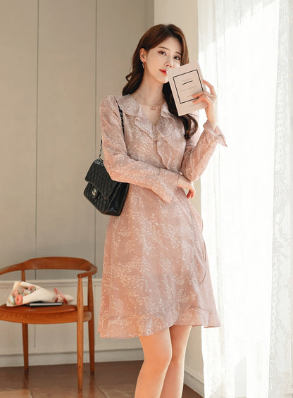 Ruffle Chiffon Long Sleeve Mini Dress / Korean Style Women Dress / V-neck Mini Dress / Bridesmaid Dress