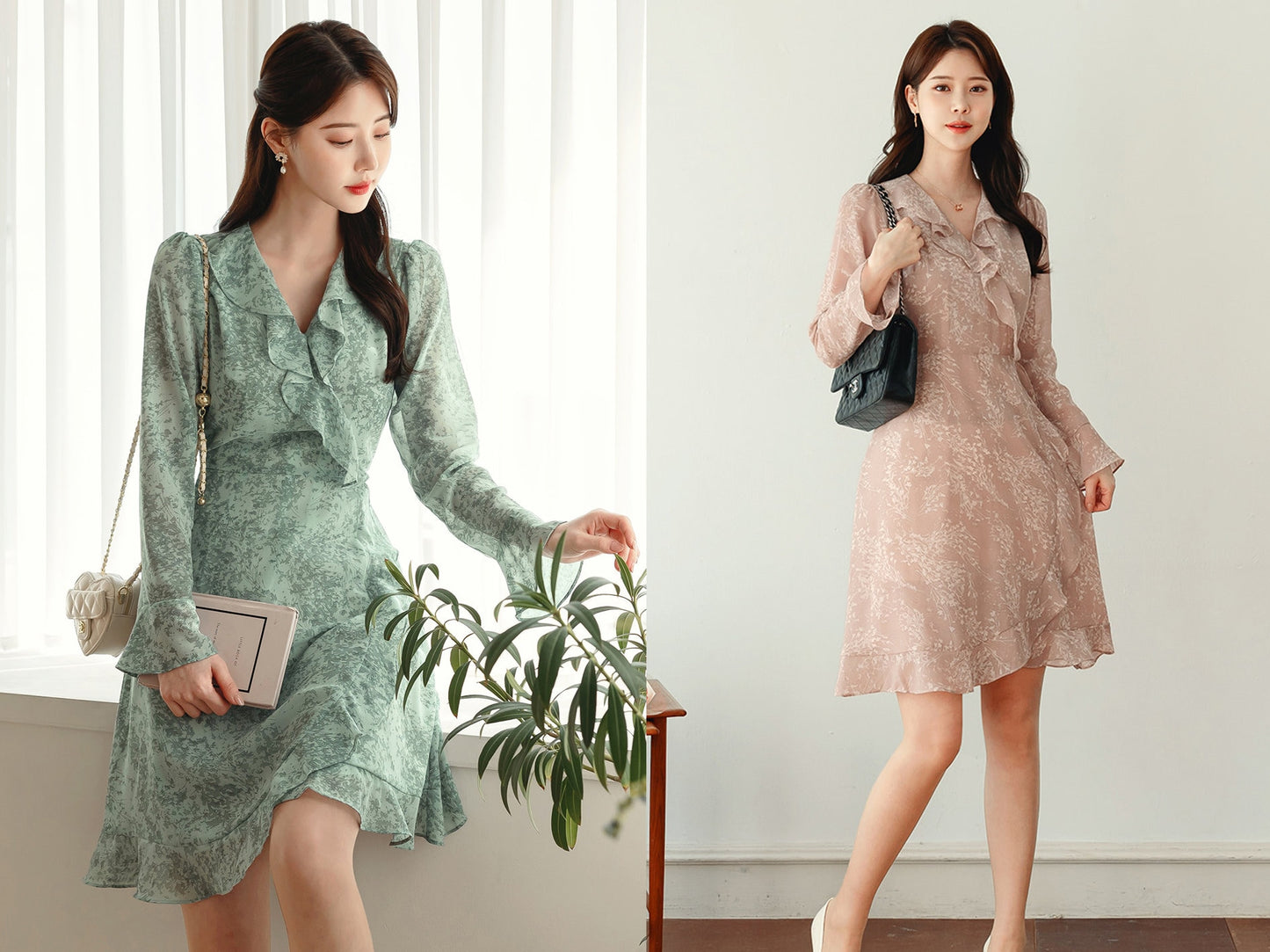 Ruffle Chiffon Long Sleeve Mini Dress / Korean Style Women Dress / V-neck Mini Dress / Bridesmaid Dress