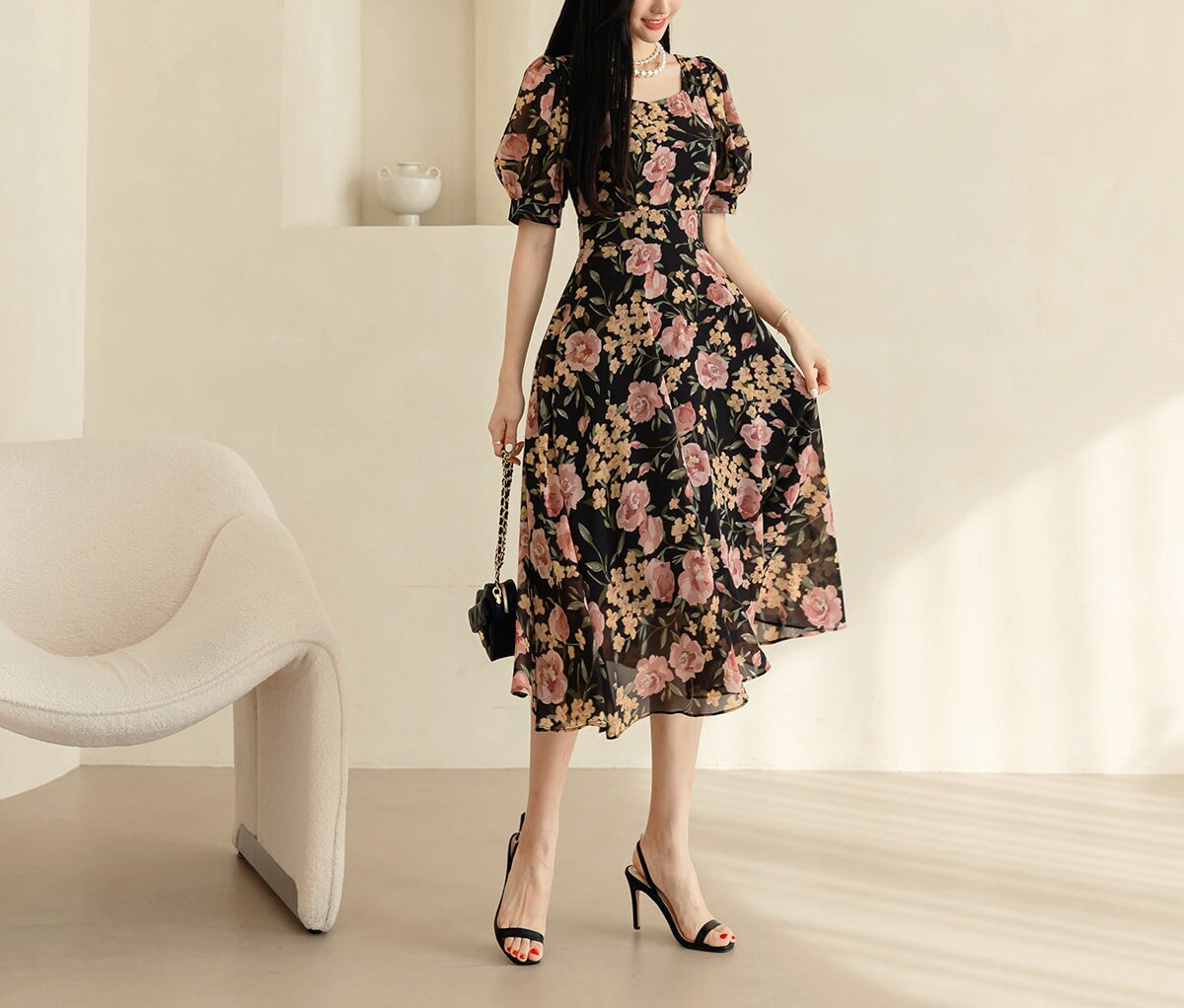 Elegant Feminin Square Neck Chiffon Dress / Korean Style Puff Sleeve Flare Dress / Short Sleeve Midi Dress / Bridesmaid Dress