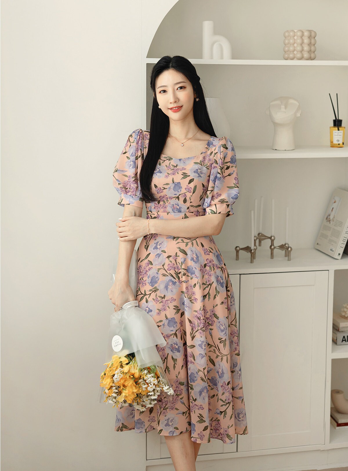 Elegant Feminin Square Neck Chiffon Dress / Korean Style Puff Sleeve Flare Dress / Short Sleeve Midi Dress / Bridesmaid Dress