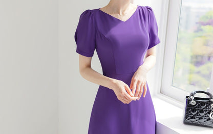 Elegant Feminin V-Neck Puff Sleeve Flare Dress / Korean Style Classic Midi Dress / Spring Summer Basic Short Sleeve Dress Purple