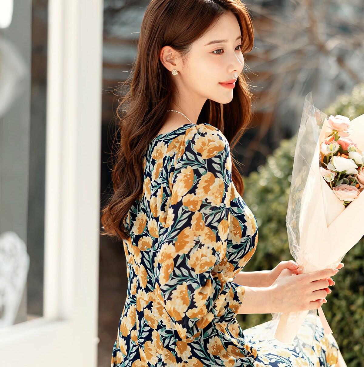 Floral Chiffon Square Neck Mini Dress / Long Sleeve Spring Summer Dress / Korean Style Feminin Mini Dress