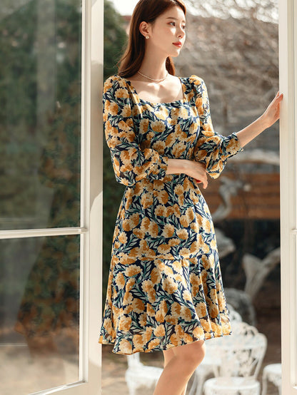 Floral Chiffon Square Neck Mini Dress / Long Sleeve Spring Summer Dress / Korean Style Feminin Mini Dress