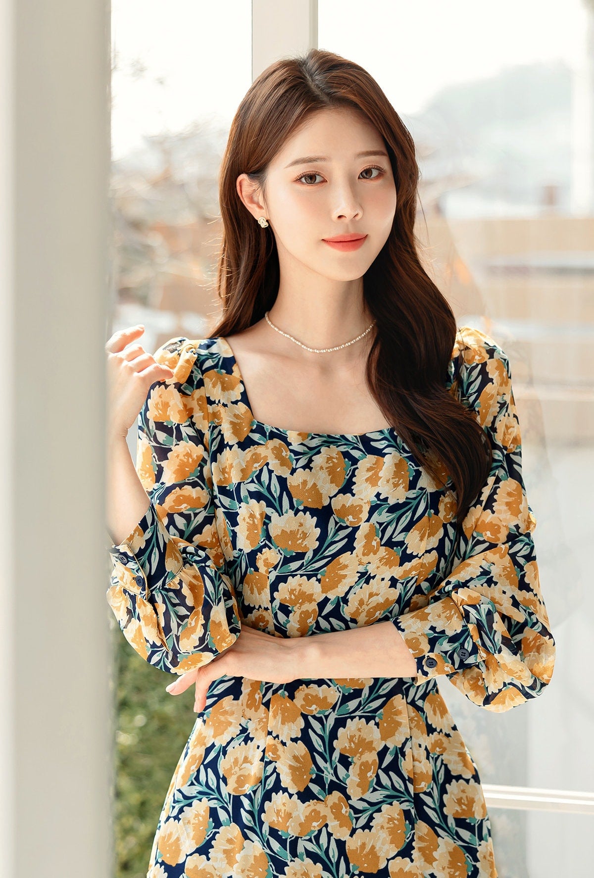 Floral Chiffon Square Neck Mini Dress / Long Sleeve Spring Summer Dress / Korean Style Feminin Mini Dress