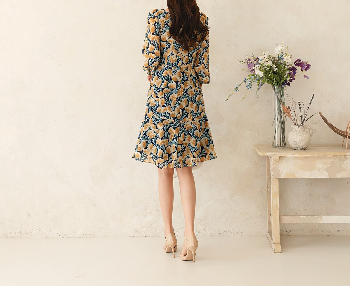 Floral Chiffon Square Neck Mini Dress / Long Sleeve Spring Summer Dress / Korean Style Feminin Mini Dress