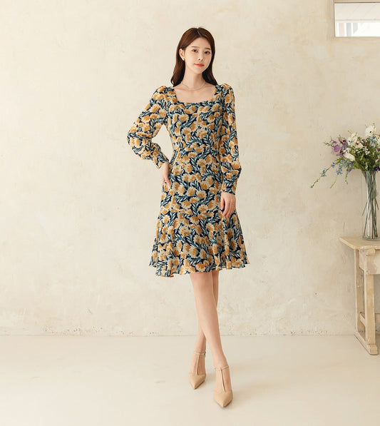 Floral Chiffon Square Neck Mini Dress / Long Sleeve Spring Summer Dress / Korean Style Feminin Mini Dress