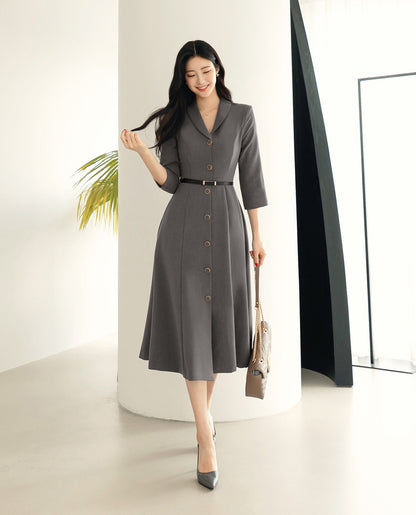 Elegant Feminin Single Button Long Dress with Belt / Korean Style Flare Dress / Modern Chic Midi Dress / Jacket Dress