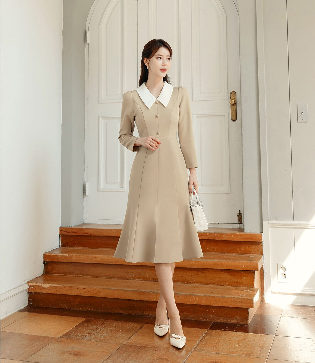 Elegant Feminin Mermaid Slit Dress / Korean Style Women Dress / Long Sleeve Midi Dress