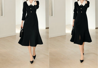 Elegant Feminin Mermaid Slit Dress / Korean Style Women Dress / Long Sleeve Midi Dress