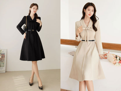 Classic Elegant Feminine Flare Dress with Belt / Korean Style Midi Dress with Long Sleeve / Simple Ribbon Tie Dress with Belt