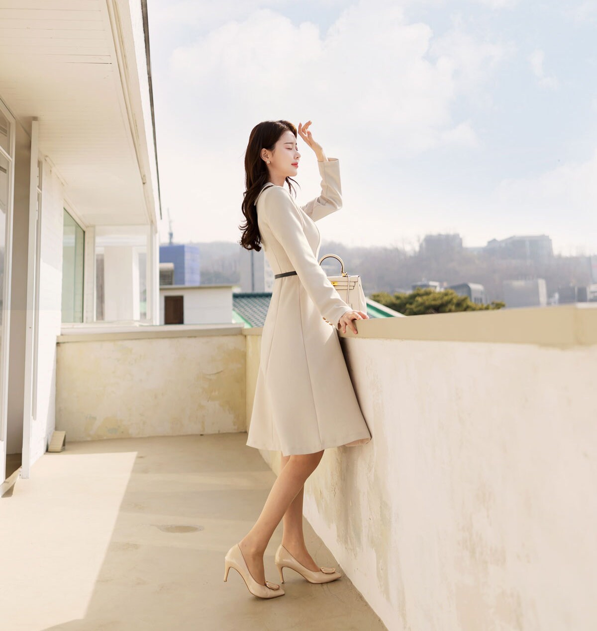 Classic Elegant Feminine Flare Dress with Belt / Korean Style Midi Dress with Long Sleeve / Simple Ribbon Tie Dress with Belt