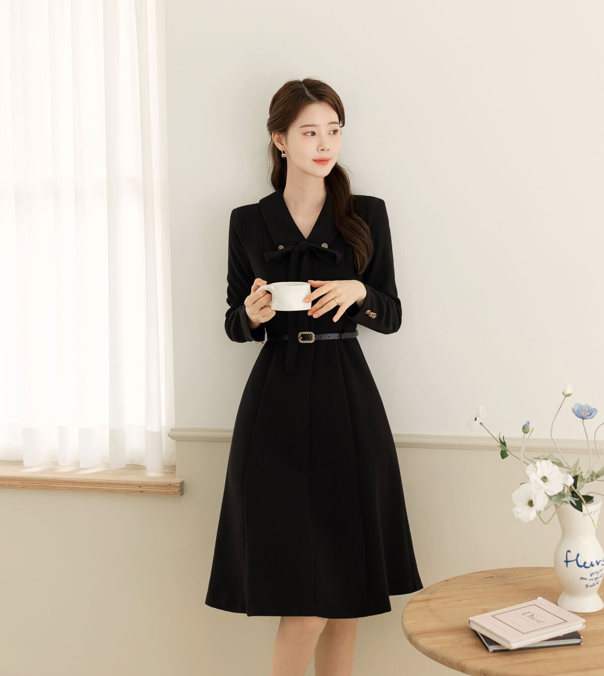 Classic Elegant Feminine Flare Dress with Belt / Korean Style Midi Dress with Long Sleeve / Simple Ribbon Tie Dress with Belt