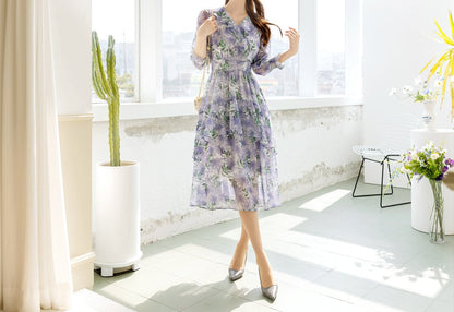 Floral Pattern Spring Summer Rich Ruffle Midi Dress / Korean Style Women Chiffon Dress / Lovely Feminin Style Dress