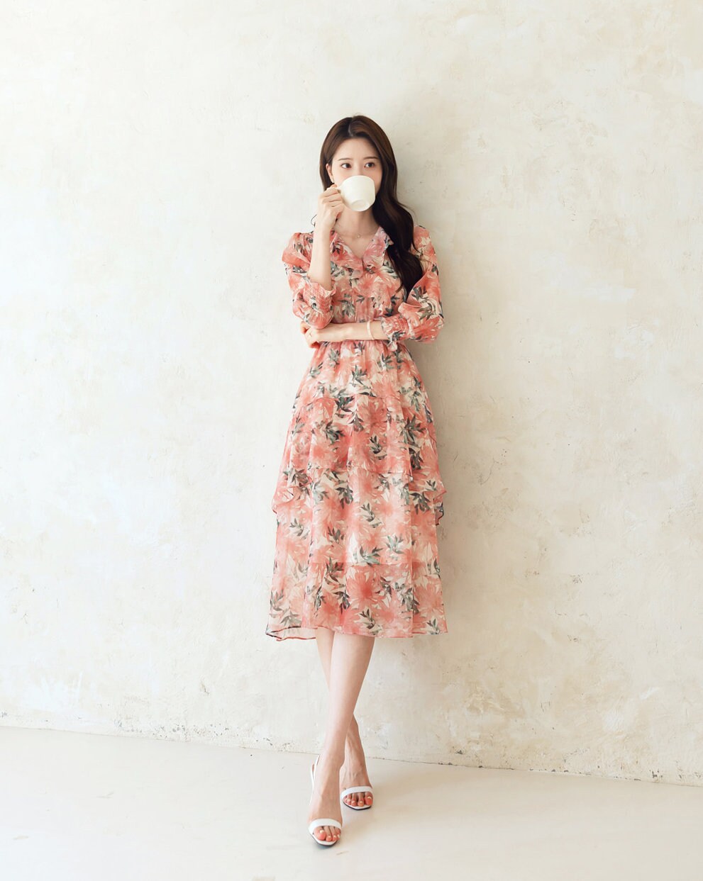 Floral Pattern Spring Summer Rich Ruffle Midi Dress / Korean Style Women Chiffon Dress / Lovely Feminin Style Dress