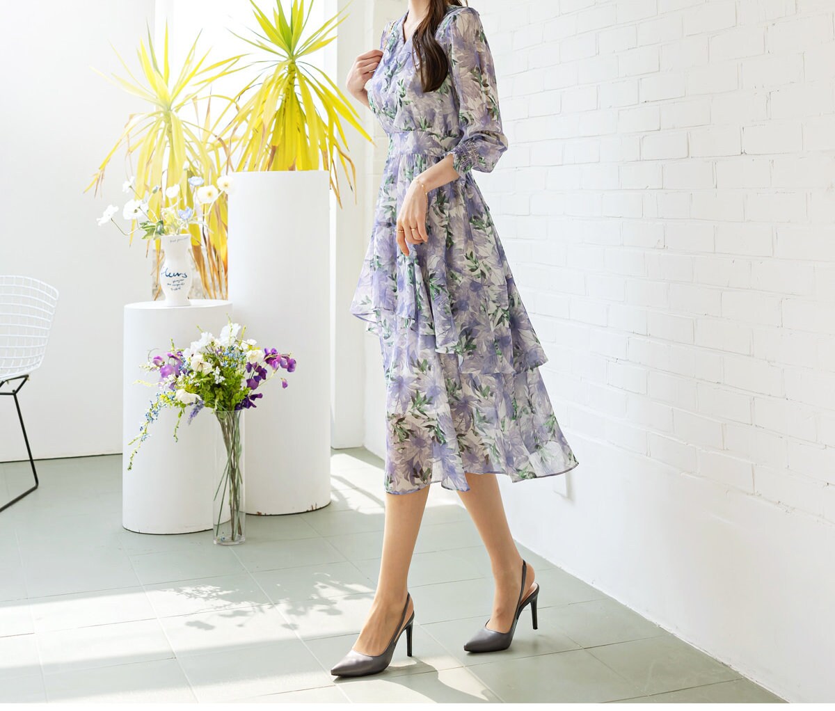 Floral Pattern Spring Summer Rich Ruffle Midi Dress / Korean Style Women Chiffon Dress / Lovely Feminin Style Dress