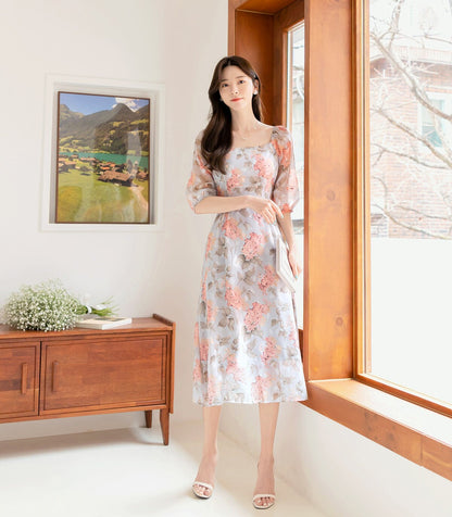 Floral Pattern Spring Summer Square Neck Midi Dress / Korean Style Women Long Dress / Half Sleeve Dress / Feminin Elegant Dress