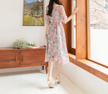 Floral Pattern Spring Summer Square Neck Midi Dress / Korean Style Women Long Dress / Half Sleeve Dress / Feminin Elegant Dress