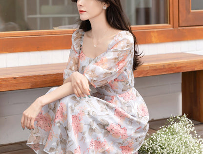 Floral Pattern Spring Summer Square Neck Midi Dress / Korean Style Women Long Dress / Half Sleeve Dress / Feminin Elegant Dress