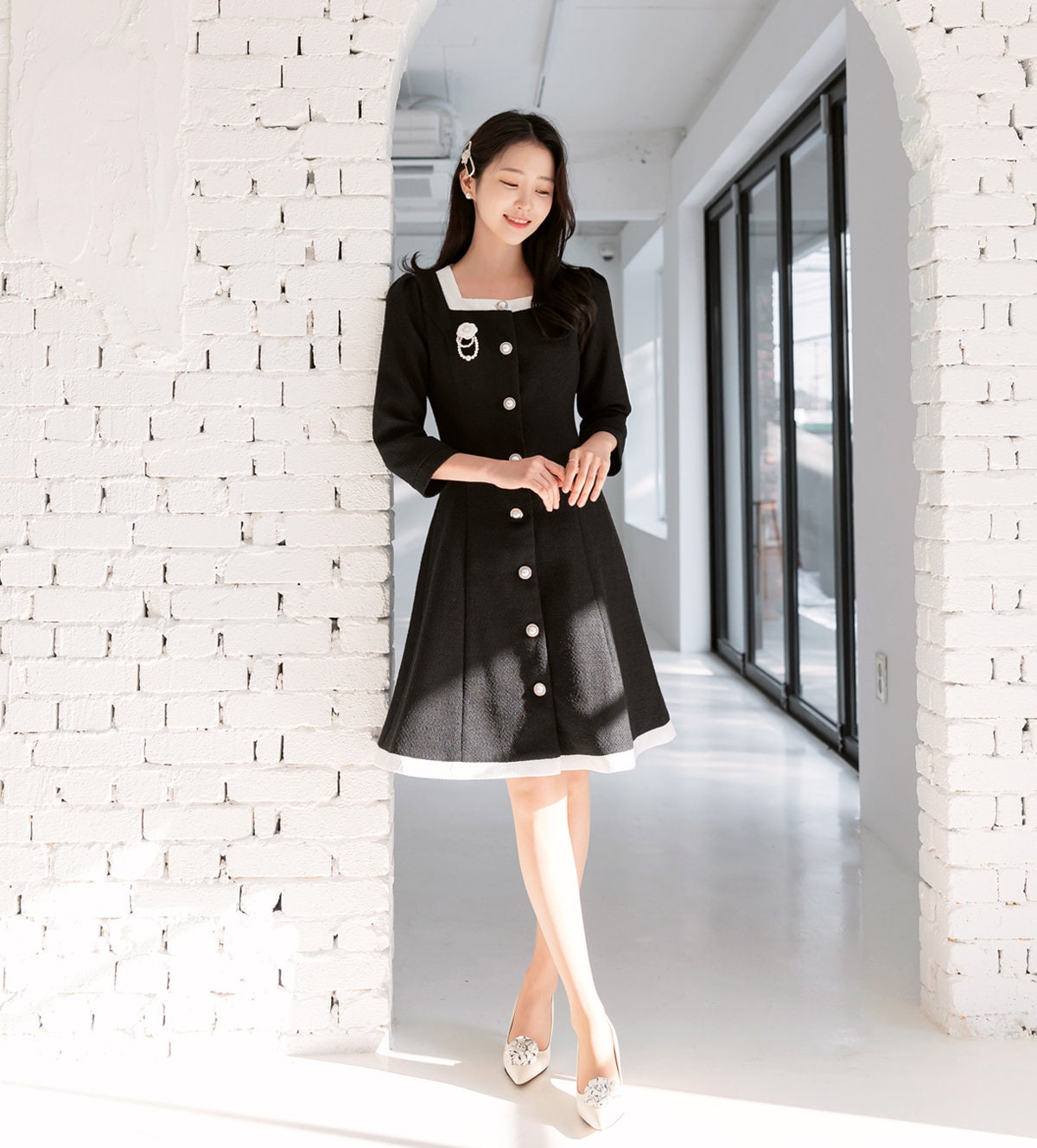 Elegant Feminine Square Neck Tweed Dress / Korean Style Mini Dress / Luxury wear Elegant Jacket Style Dress for Spring, Fall