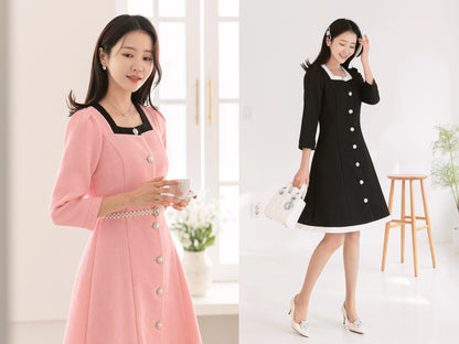 Elegant Feminine Square Neck Tweed Dress / Korean Style Mini Dress / Luxury wear Elegant Jacket Style Dress for Spring, Fall