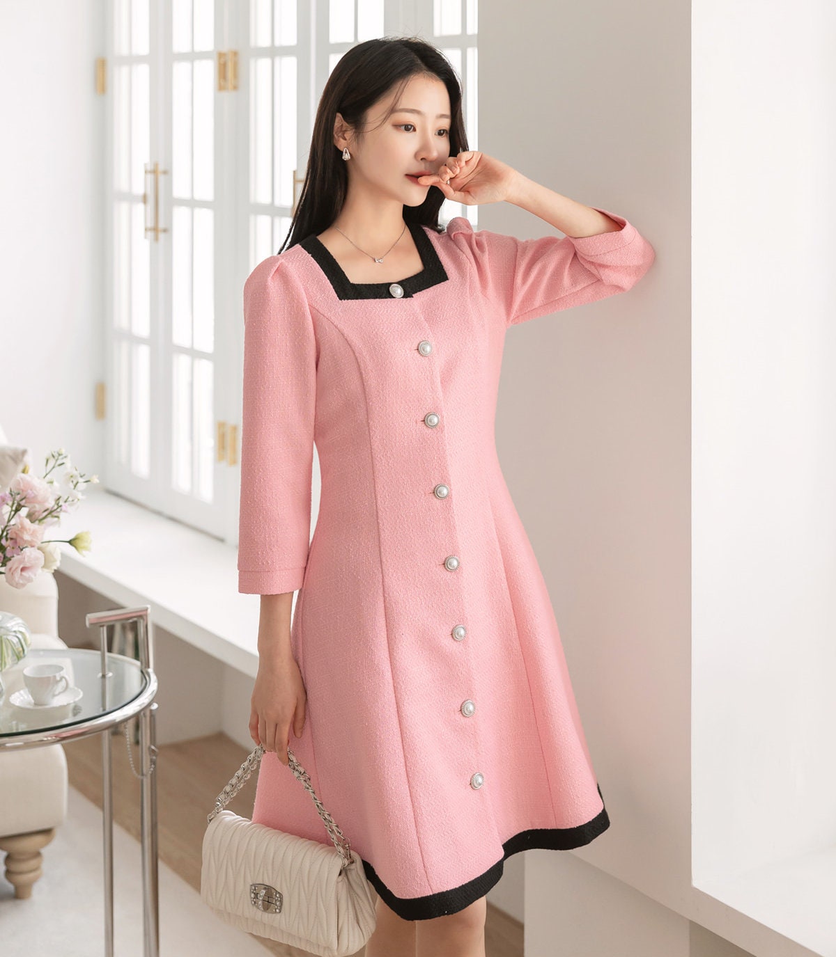 Elegant Feminine Square Neck Tweed Dress / Korean Style Mini Dress / Luxury wear Elegant Jacket Style Dress for Spring, Fall