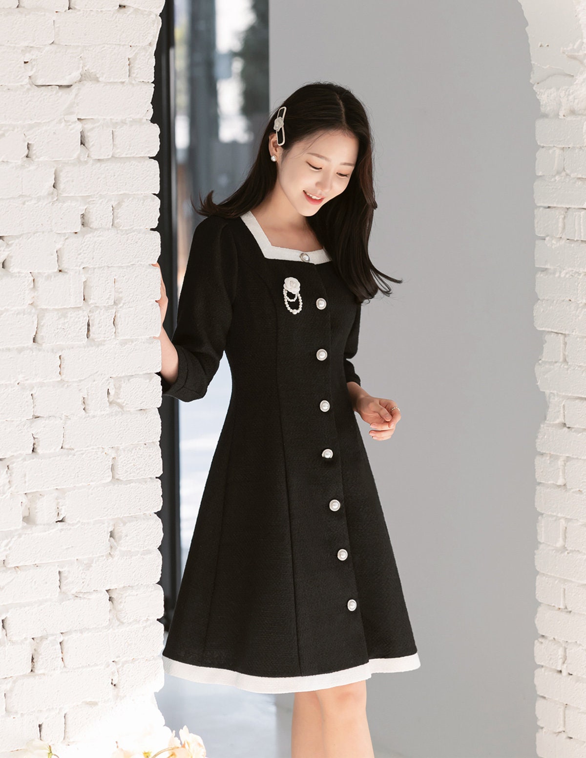 Elegant Feminine Square Neck Tweed Dress / Korean Style Mini Dress / Luxury wear Elegant Jacket Style Dress for Spring, Fall