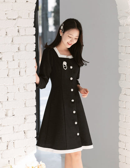 Elegant Feminine Square Neck Tweed Dress / Korean Style Mini Dress / Luxury wear Elegant Jacket Style Dress for Spring, Fall