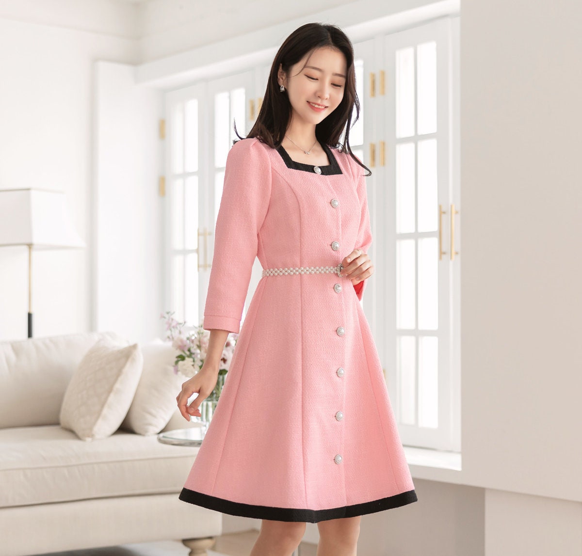 Elegant Feminine Square Neck Tweed Dress / Korean Style Mini Dress / Luxury wear Elegant Jacket Style Dress for Spring, Fall