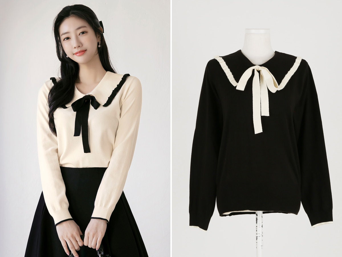 Classic Feminine Collared with ribbon tie Top / Korean Style Women Clothes / Office Look Top / Everyday Basic Long Sleeve Soft Knit Top