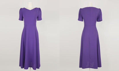 Elegant Feminin V-Neck Puff Sleeve Flare Dress / Korean Style Classic Midi Dress / Spring Summer Basic Short Sleeve Dress Purple