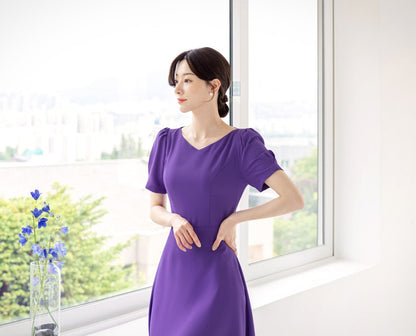 Elegant Feminin V-Neck Puff Sleeve Flare Dress / Korean Style Classic Midi Dress / Spring Summer Basic Short Sleeve Dress Purple