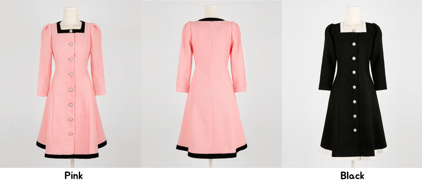 Elegant Feminine Square Neck Tweed Dress / Korean Style Mini Dress / Luxury wear Elegant Jacket Style Dress for Spring, Fall