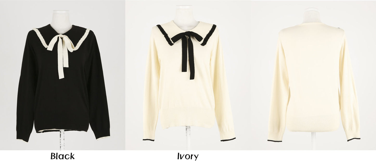 Classic Feminine Collared with ribbon tie Top / Korean Style Women Clothes / Office Look Top / Everyday Basic Long Sleeve Soft Knit Top