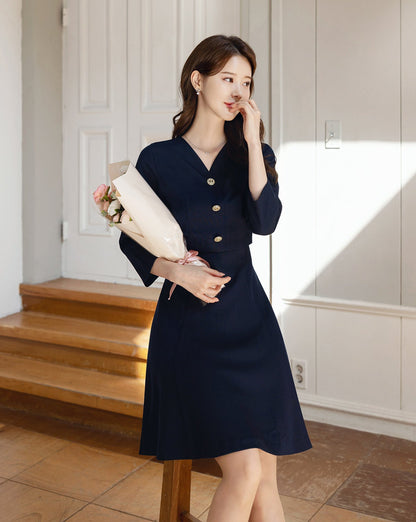 Cropped Top Layered Design Flare Mini Dress / Korean Style Women Mini Dress / Elegant Feminin Dress / Basic Style Flare Mini Dress Navy