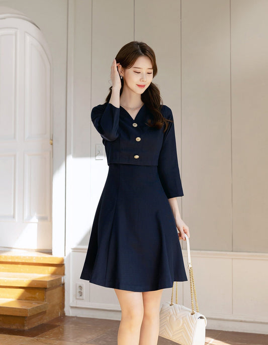 Cropped Top Layered Design Flare Mini Dress / Korean Style Women Mini Dress / Elegant Feminin Dress / Basic Style Flare Mini Dress Navy