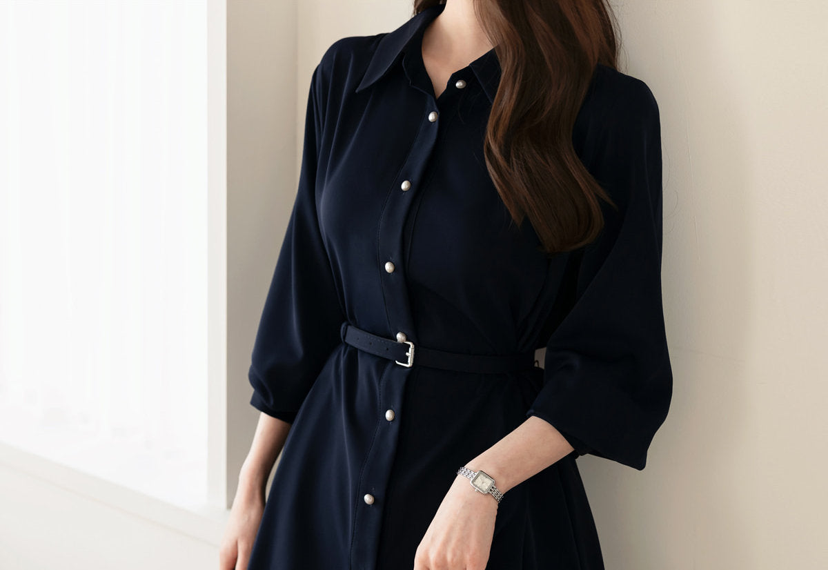 Elegant Feminin Long Sleeve Shirtdress with Belt / Korean Style Pearl Button Midi Flare Dress / Spring Fall Midi Dress