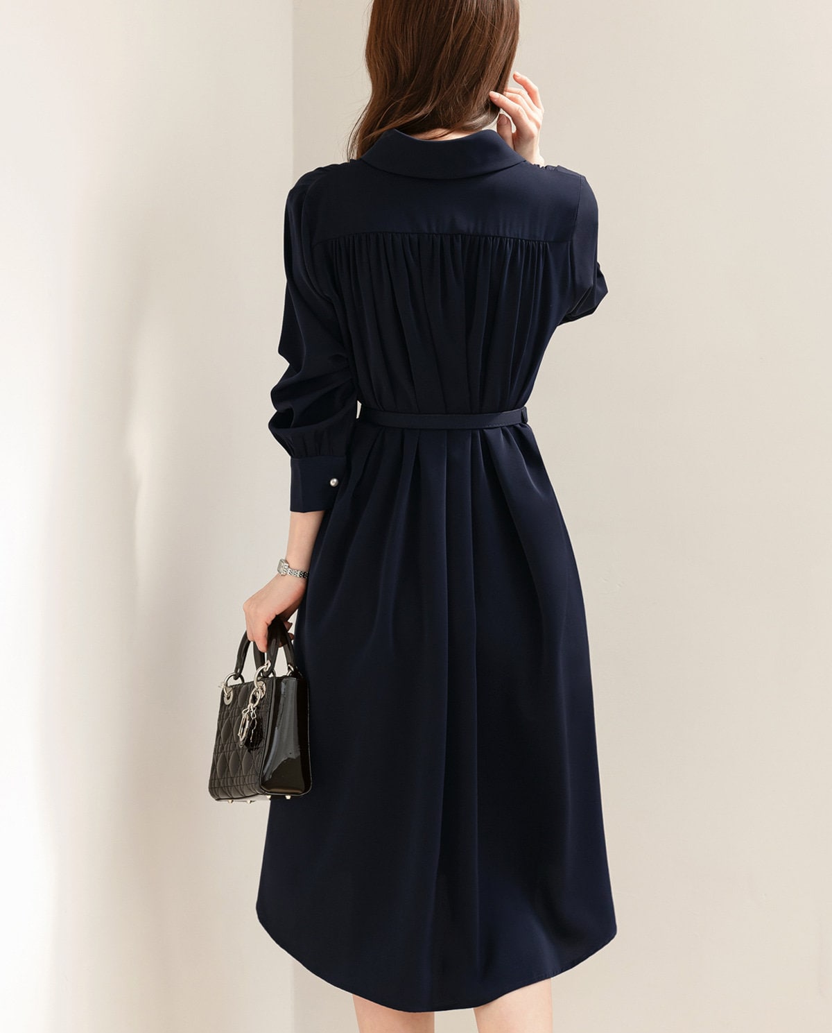 Elegant Feminin Long Sleeve Shirtdress with Belt / Korean Style Pearl Button Midi Flare Dress / Spring Fall Midi Dress