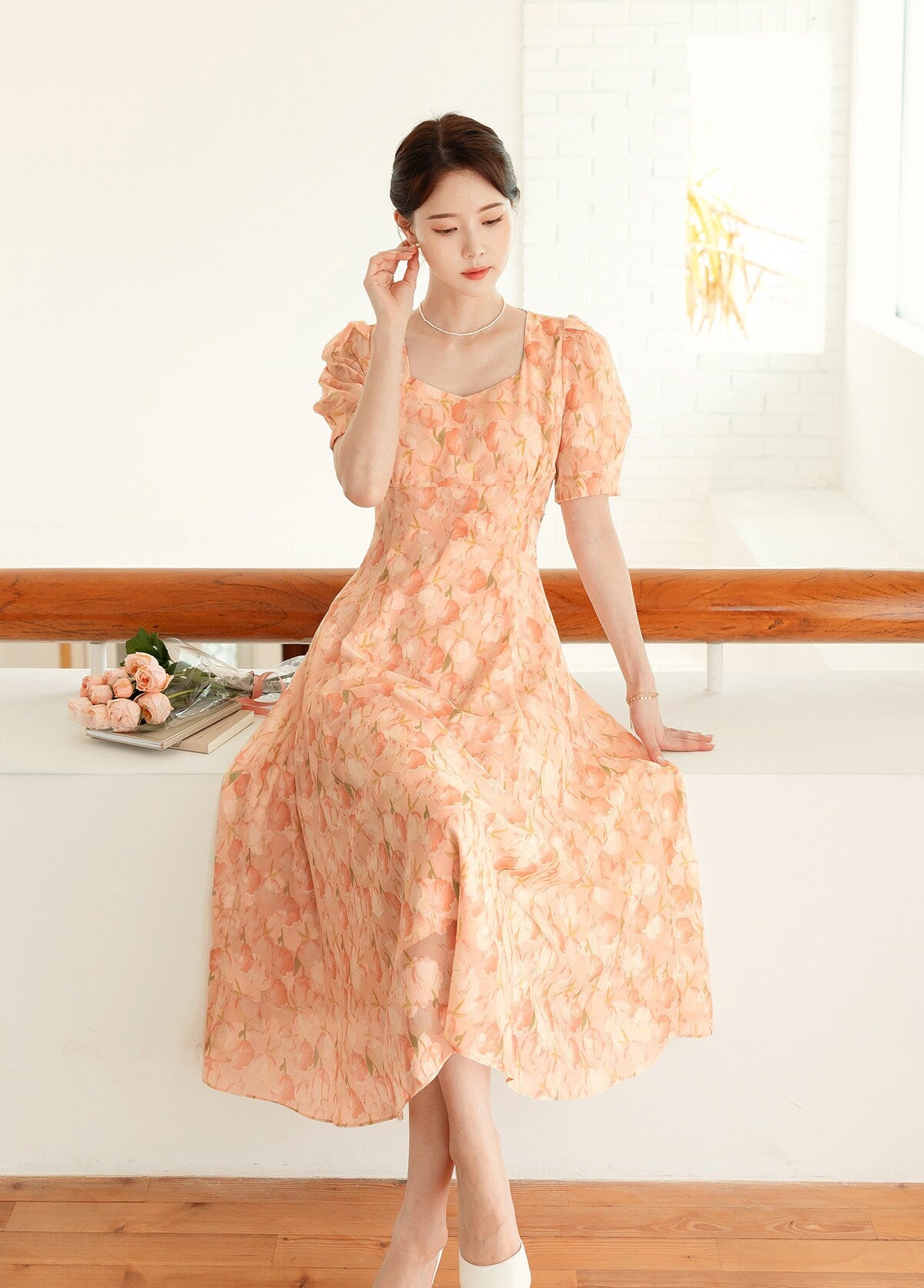 Floral Chiffon Midi Long Dress / Korean Style Short Sleeve Women Dress / Puff Sleeve Spring Summer Dress / Bridesmaid Dress