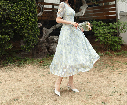 Floral Chiffon Midi Long Dress / Korean Style Short Sleeve Women Dress / Puff Sleeve Spring Summer Dress / Bridesmaid Dress