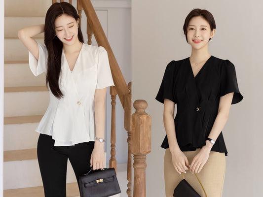 Elegant Unique Peplum Top Blouse/ Korean Style Feminin Daily V Neck Summer Top Jacket / Front Button Wrap Blouse / Everyday Soft Top Blouse