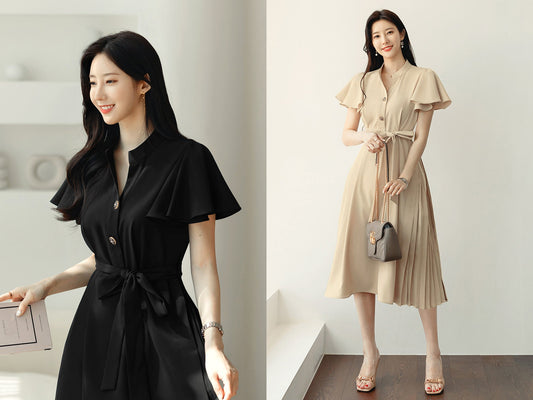 Spring Summer Wing Sleeve Side Pleat Dress with Belt / Korean Style Simple Midi Dress / Elegant Feminin Basic Short Sleeve Dress