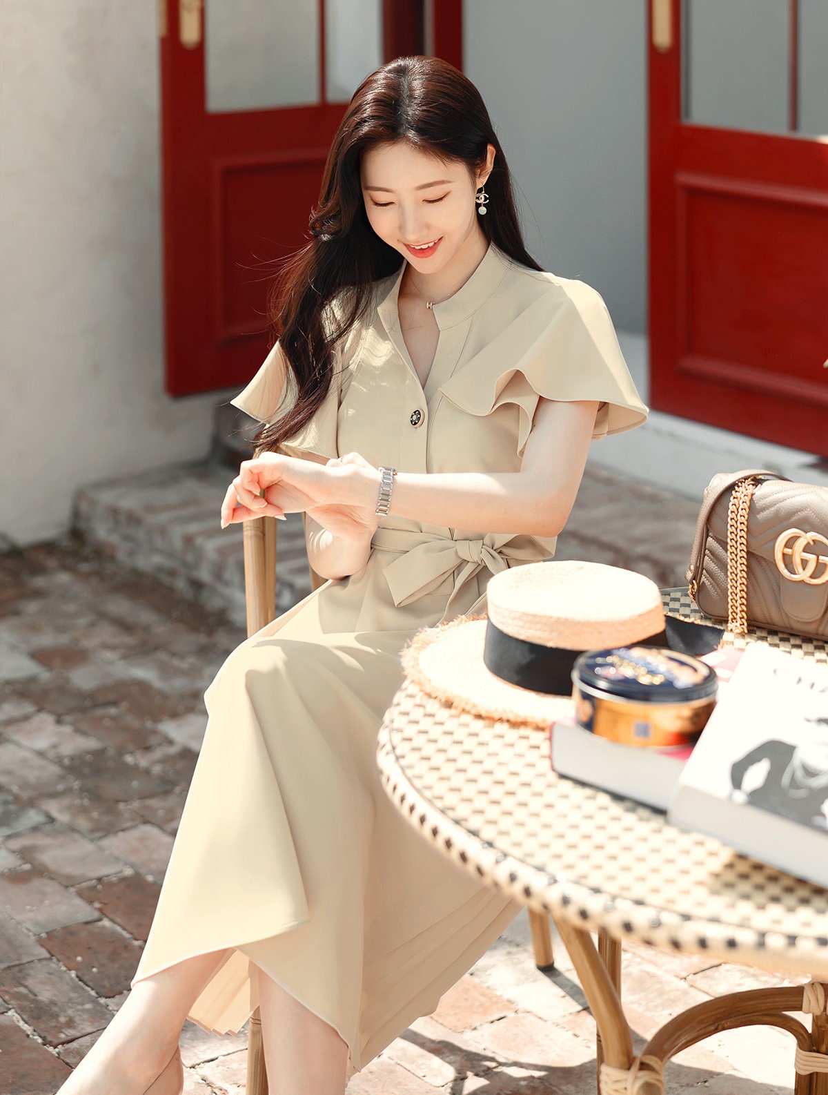 Spring Summer Wing Sleeve Side Pleat Dress with Belt / Korean Style Simple Midi Dress / Elegant Feminin Basic Short Sleeve Dress