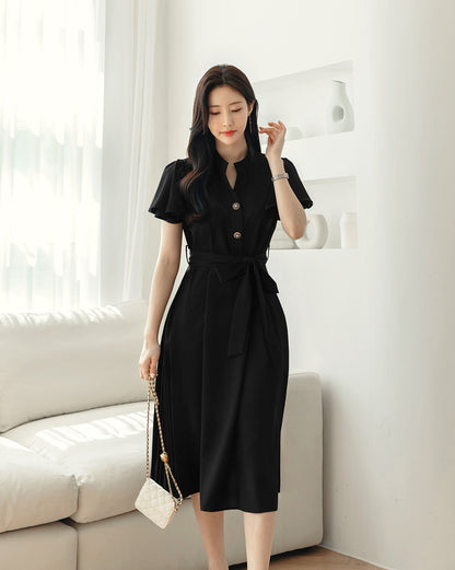 Spring Summer Wing Sleeve Side Pleat Dress with Belt / Korean Style Simple Midi Dress / Elegant Feminin Basic Short Sleeve Dress