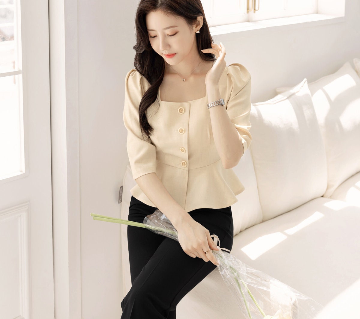 Elegant Feminin Square Neck Peplum Top Jacket Blouse / Korean Style Half Sleeve Summer Top Blouse / Front Button Daily Top