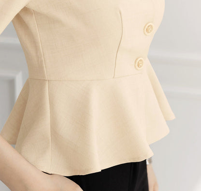 Elegant Feminin Square Neck Peplum Top Jacket Blouse / Korean Style Half Sleeve Summer Top Blouse / Front Button Daily Top